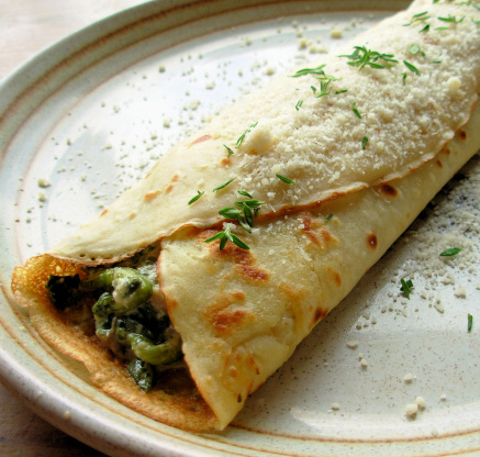 Spinach and Cheese Crepes with Mushroom Sauce